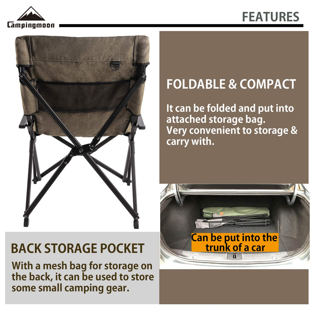 Camping Moon khaki outdoor chair ready to unfold for outdoor use.