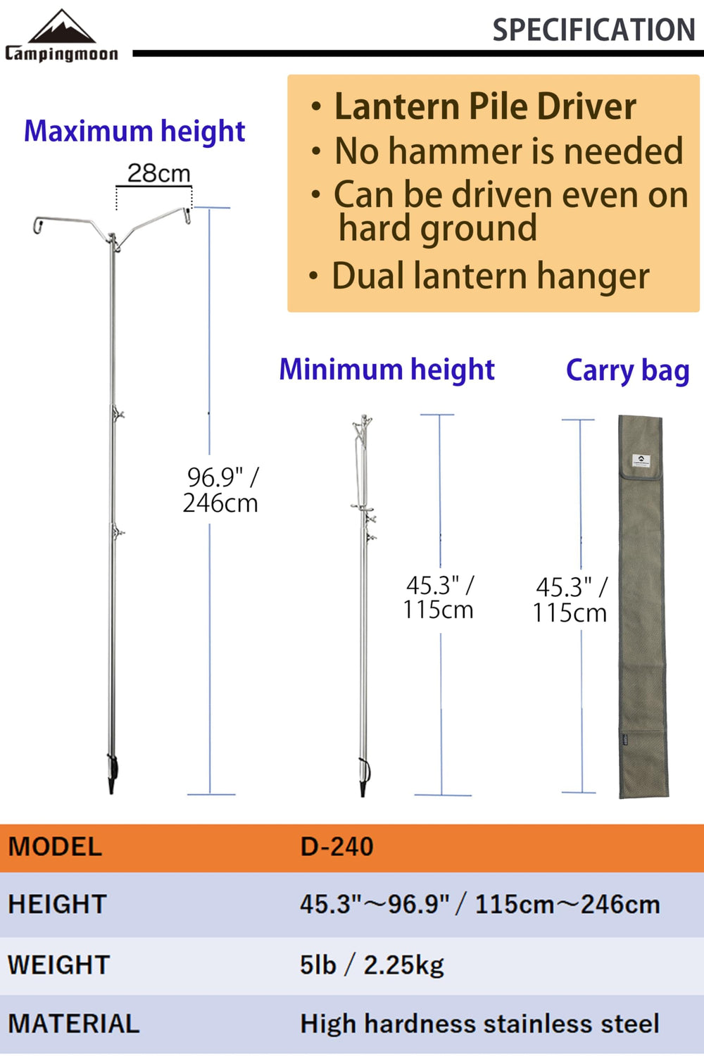 Camping Moon lantern pile driver being driven into ground on hard terrain.