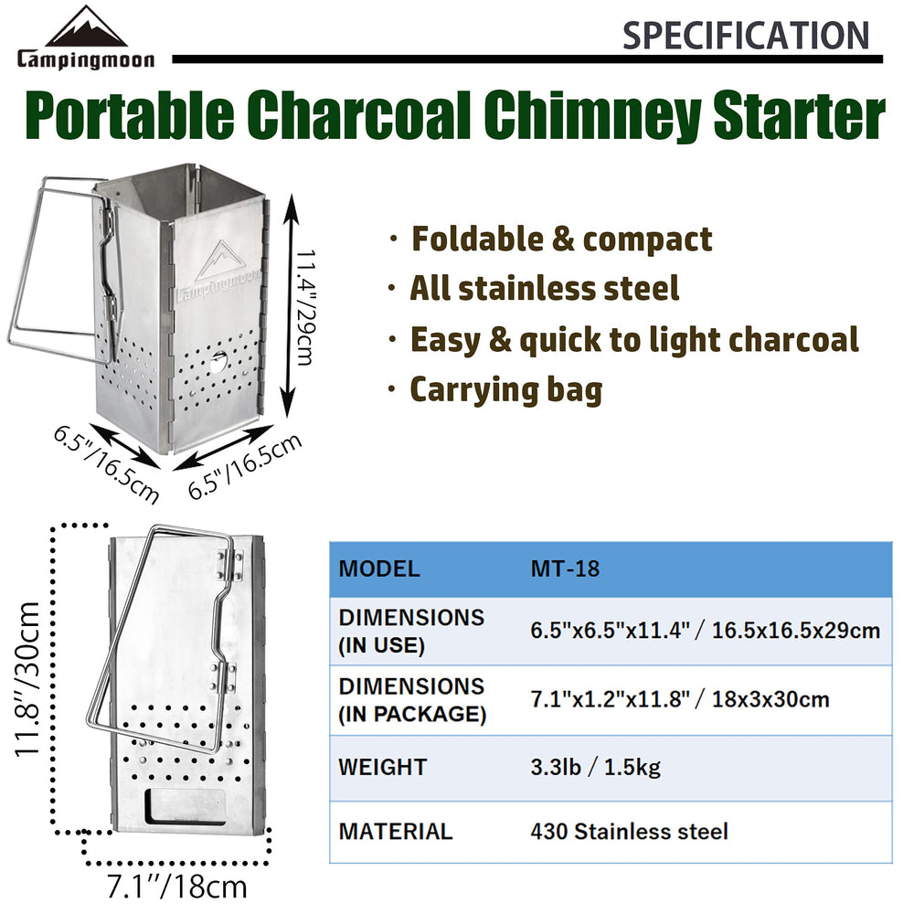 Camping Moon MT-18 side view highlights steel construction for outdoor durability