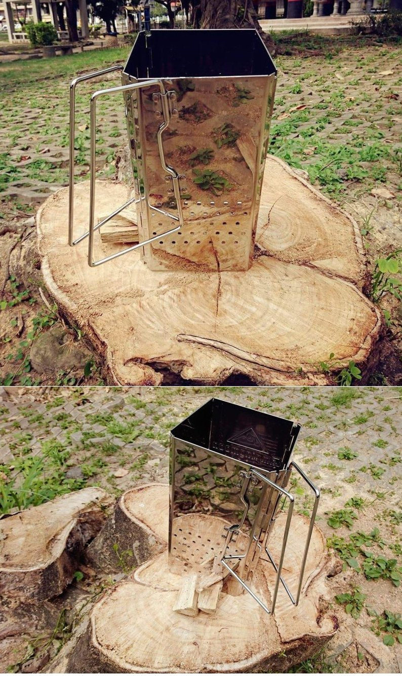 Camping Moon MT-18 use in fire pit demonstrates quick charcoal lighting