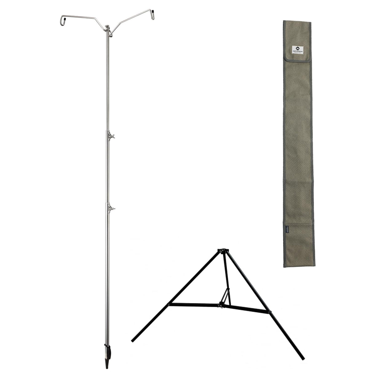 Camping Moon stainless steel lantern pile driver on a tripod stand for reliable outdoor lighting.