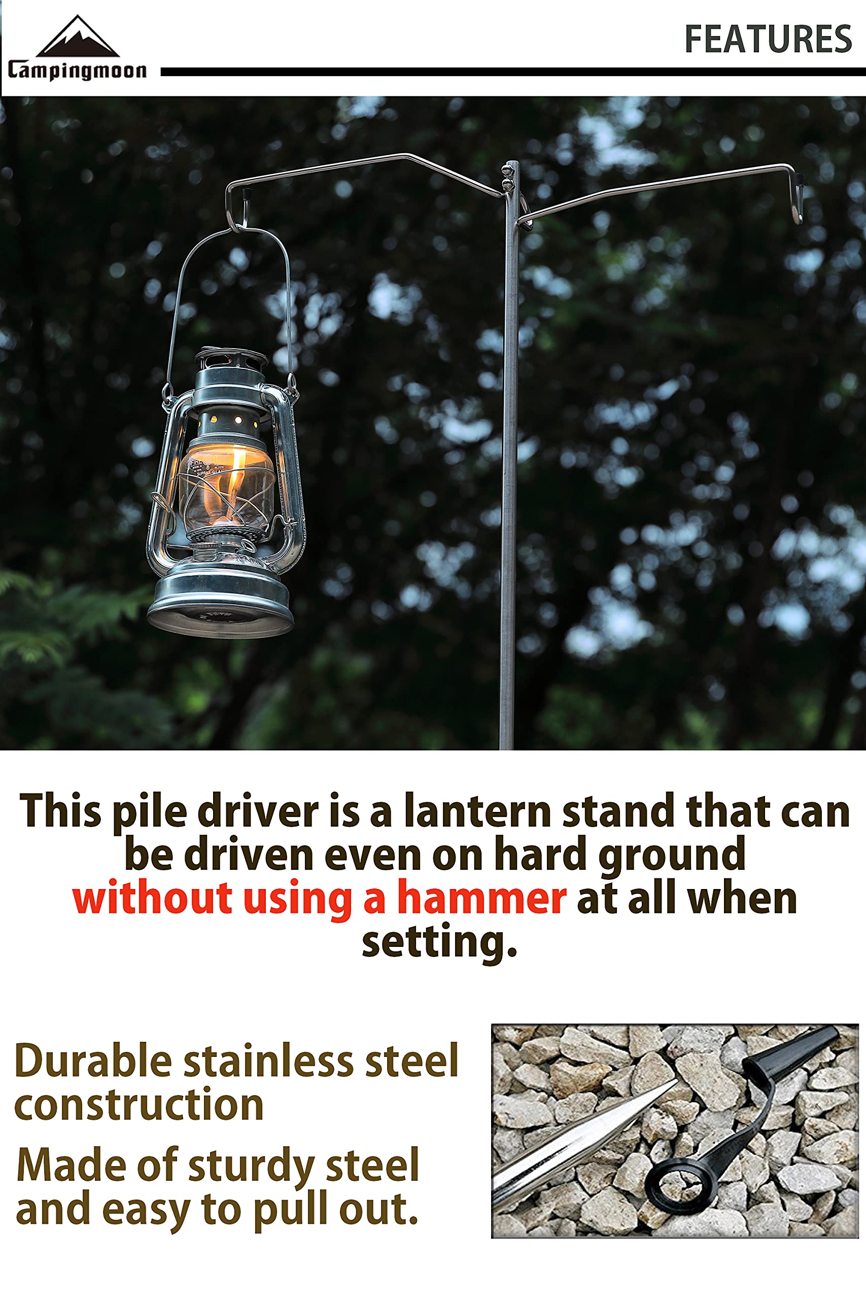 Camping Moon heavy-duty lantern stand with dual hooks ready to illuminate.