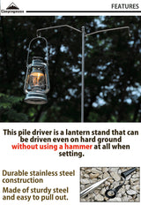 Camping Moon heavy-duty lantern stand with dual hooks ready to illuminate.