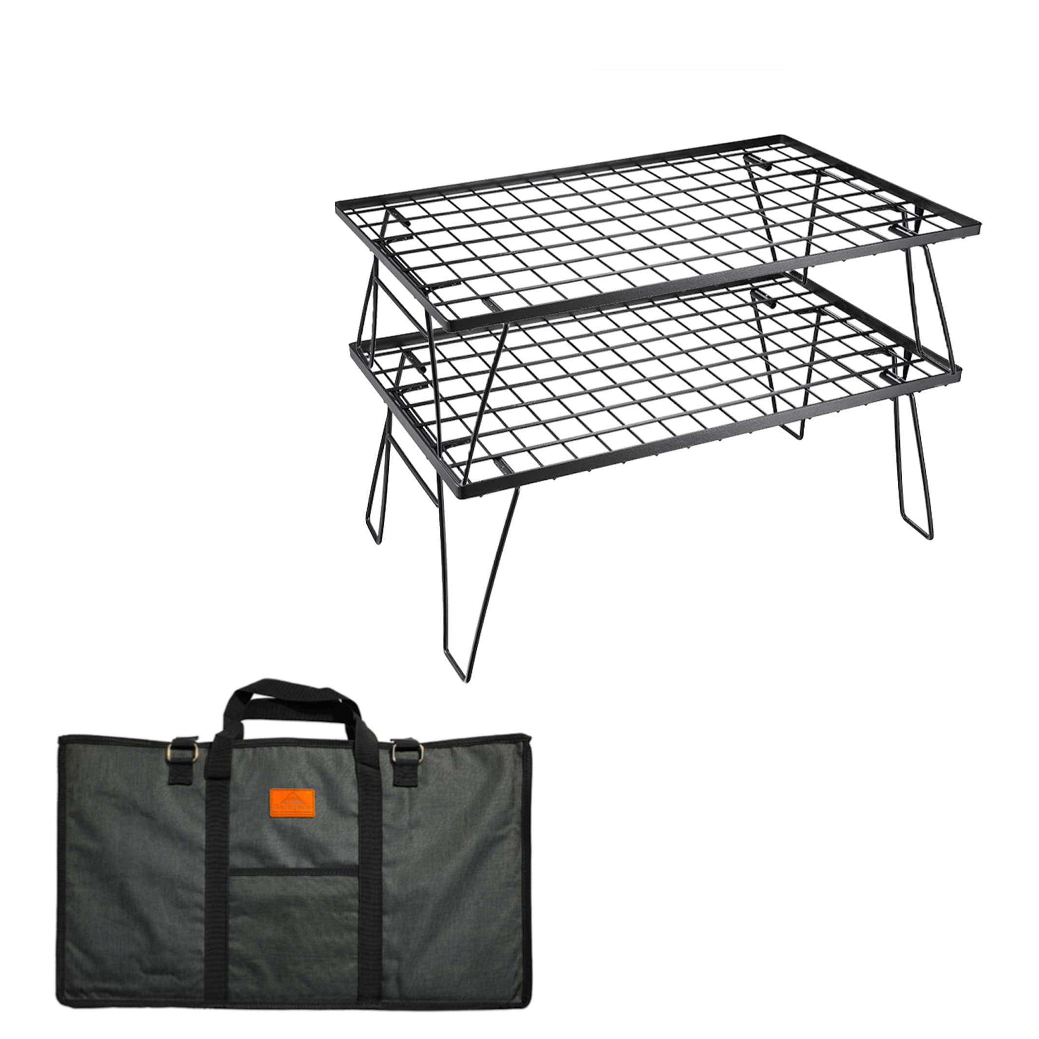 Camping Moon t230-2t folding rack unfolded shows sturdy steel frame for versatile outdoor storage.