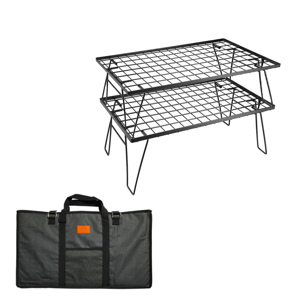 Camping Moon t230-2t folding rack unfolded shows sturdy steel frame for versatile outdoor storage.