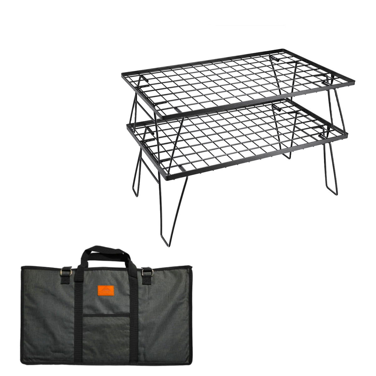 Camping Moon t230-2t folding rack unfolded shows sturdy steel frame for versatile outdoor storage.