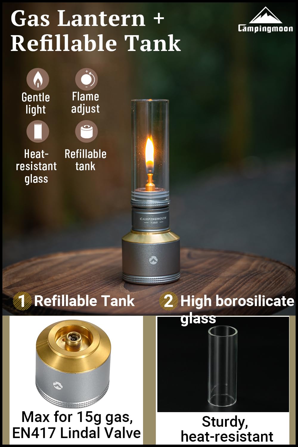 Camping Moon wooden lantern case highlights durable carry and rustic campsite charm.