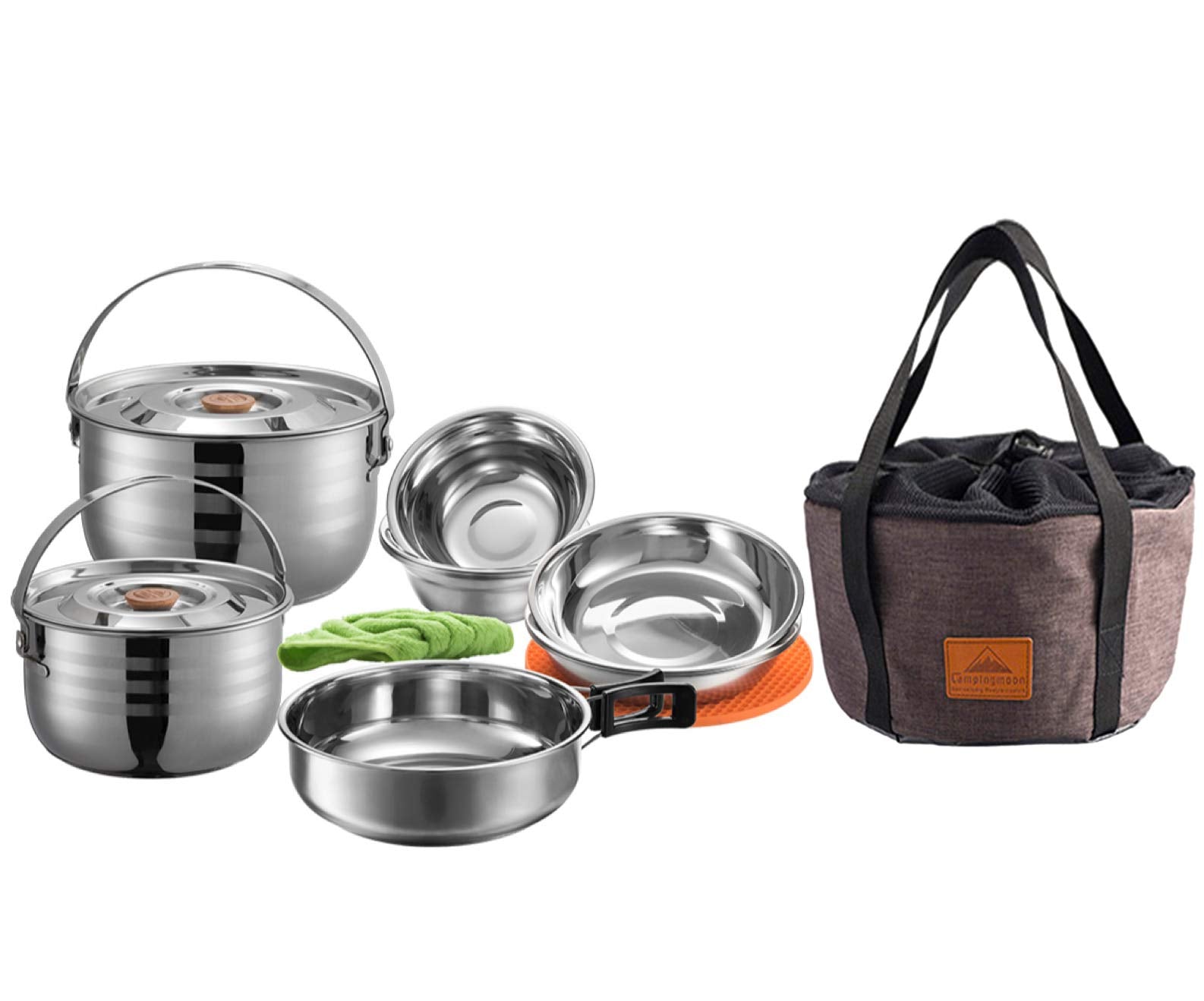 Camping Moon 13pcs cookware nesting set shown in compact camp kitchen setup.