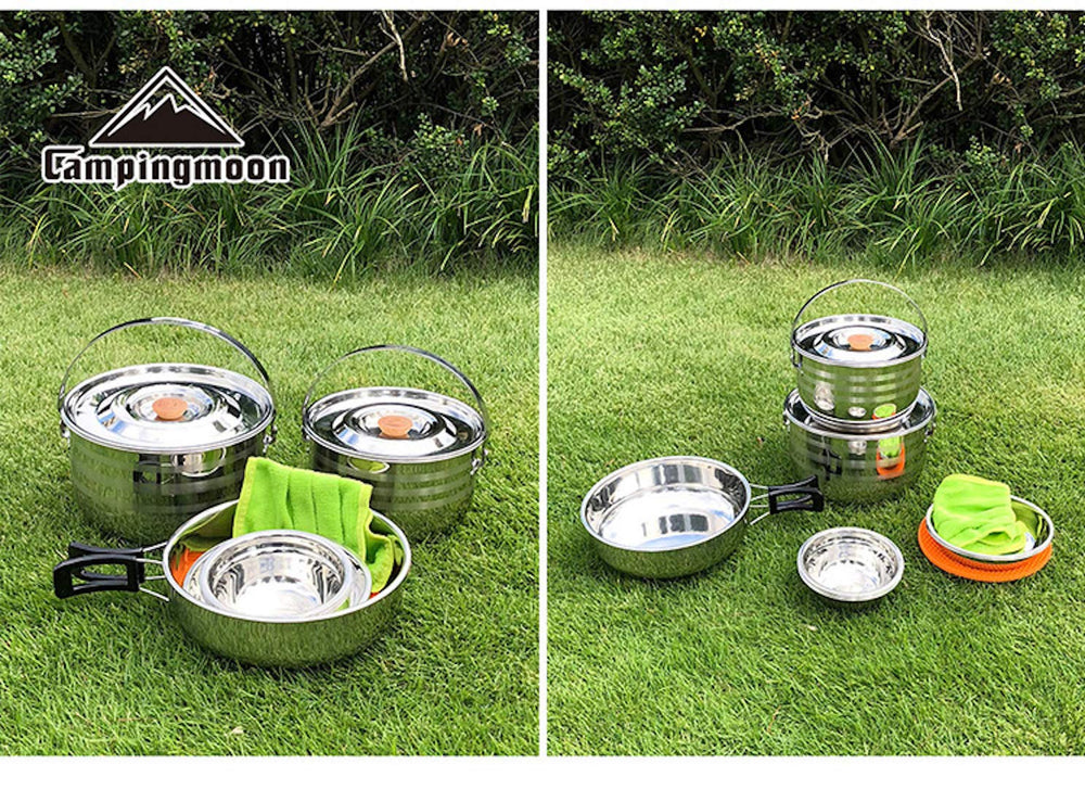 Camping Moon bowls and dishes arranged for versatile outdoor meals.