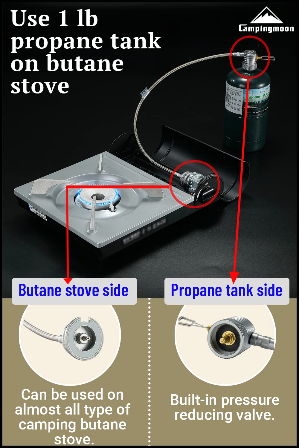 Camping Moon built-in regulator maintains steady pressure for reliable stove performance.