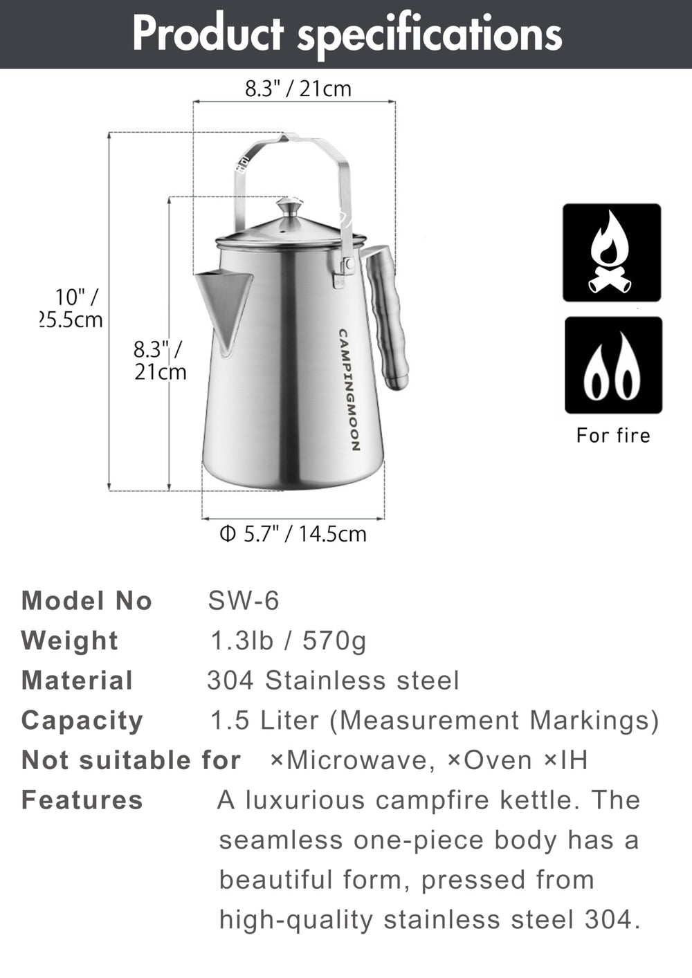 Camping Moon campfire kettle 304 stainless steel highlights durable outdoor performance
