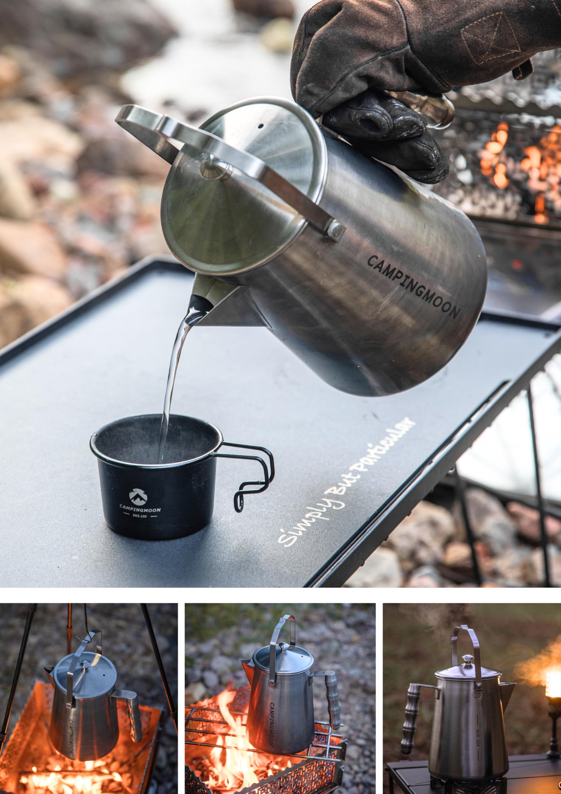 Camping Moon campfire kettle dimensions and 1.5 liter capacity with markings