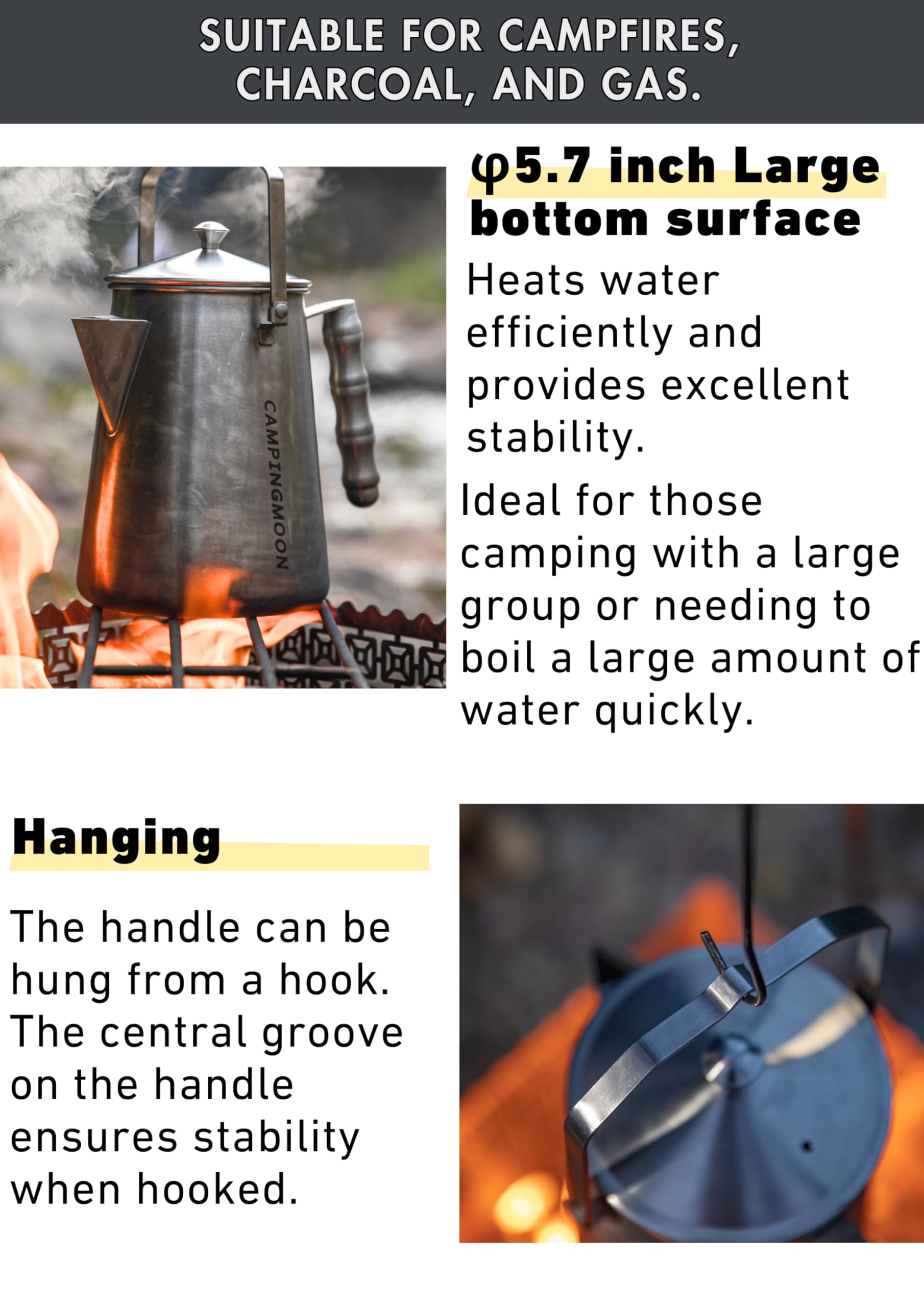 Camping Moon campfire kettle hanging handle for convenient storage on camping trips