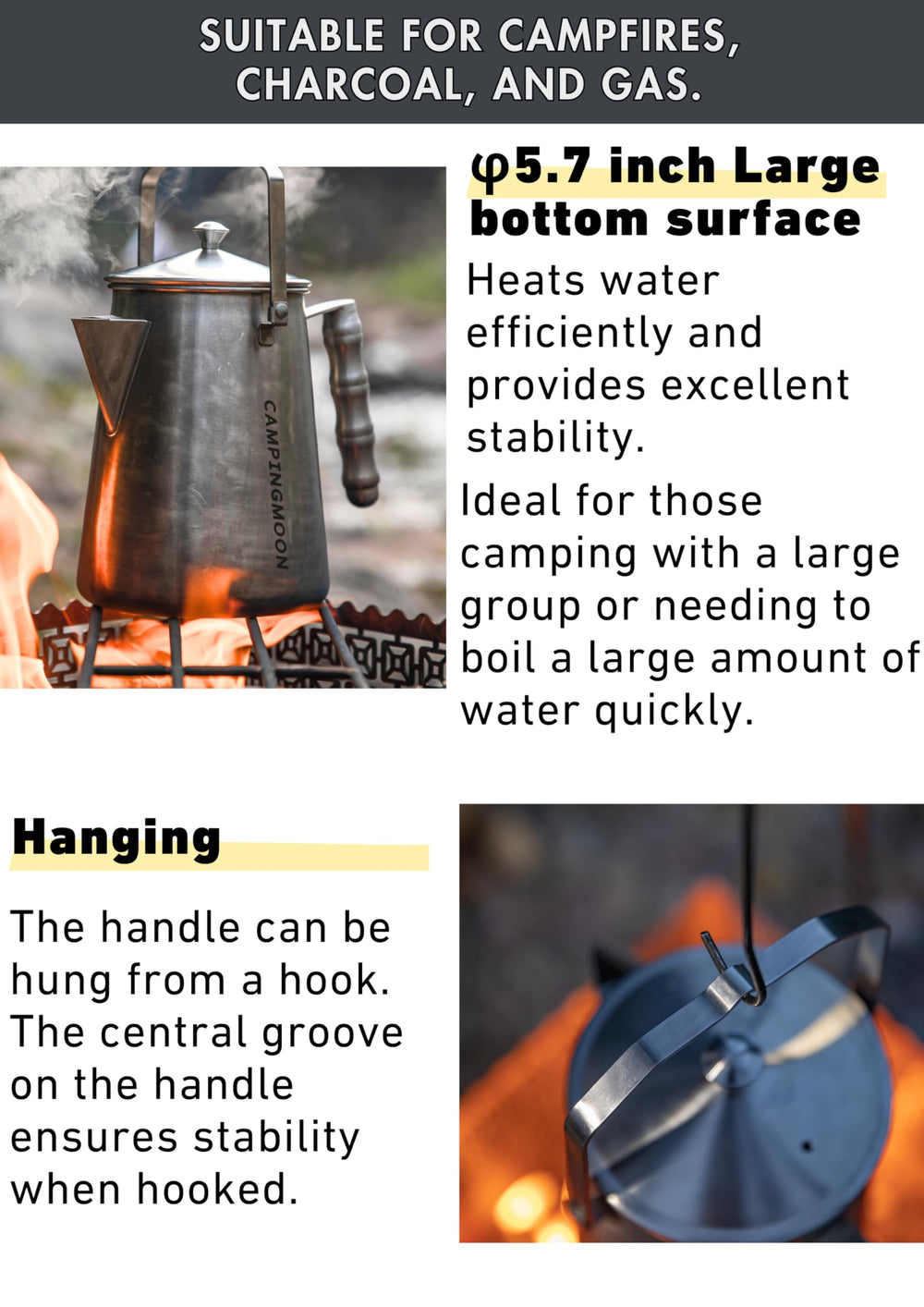 Camping Moon campfire kettle hanging handle for convenient storage on camping trips