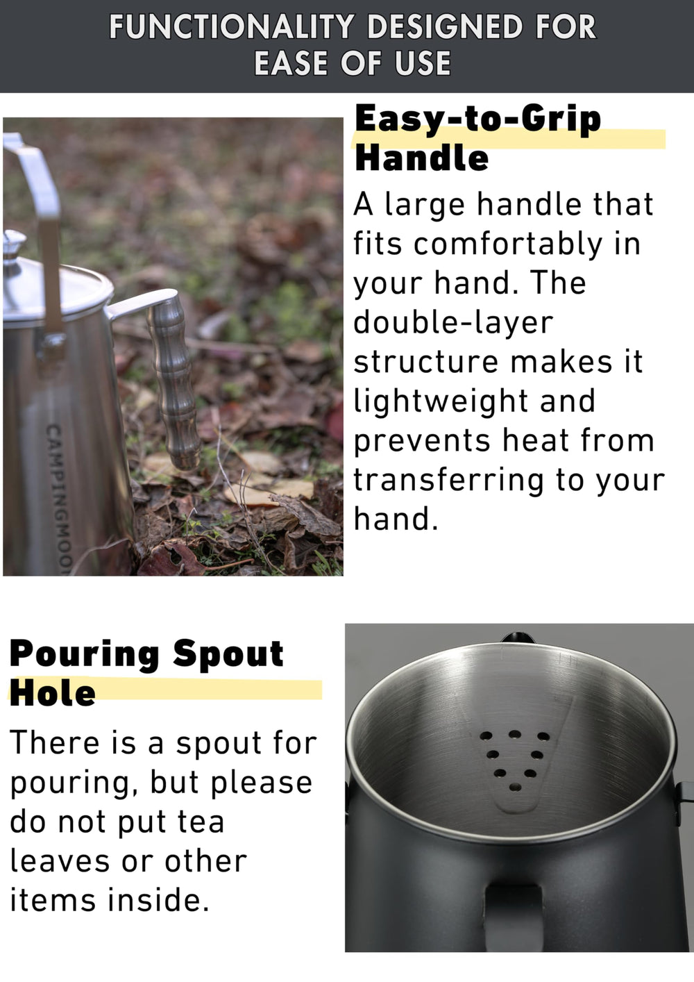 Camping Moon campfire kettle large bottom surface supports quick heating and stability