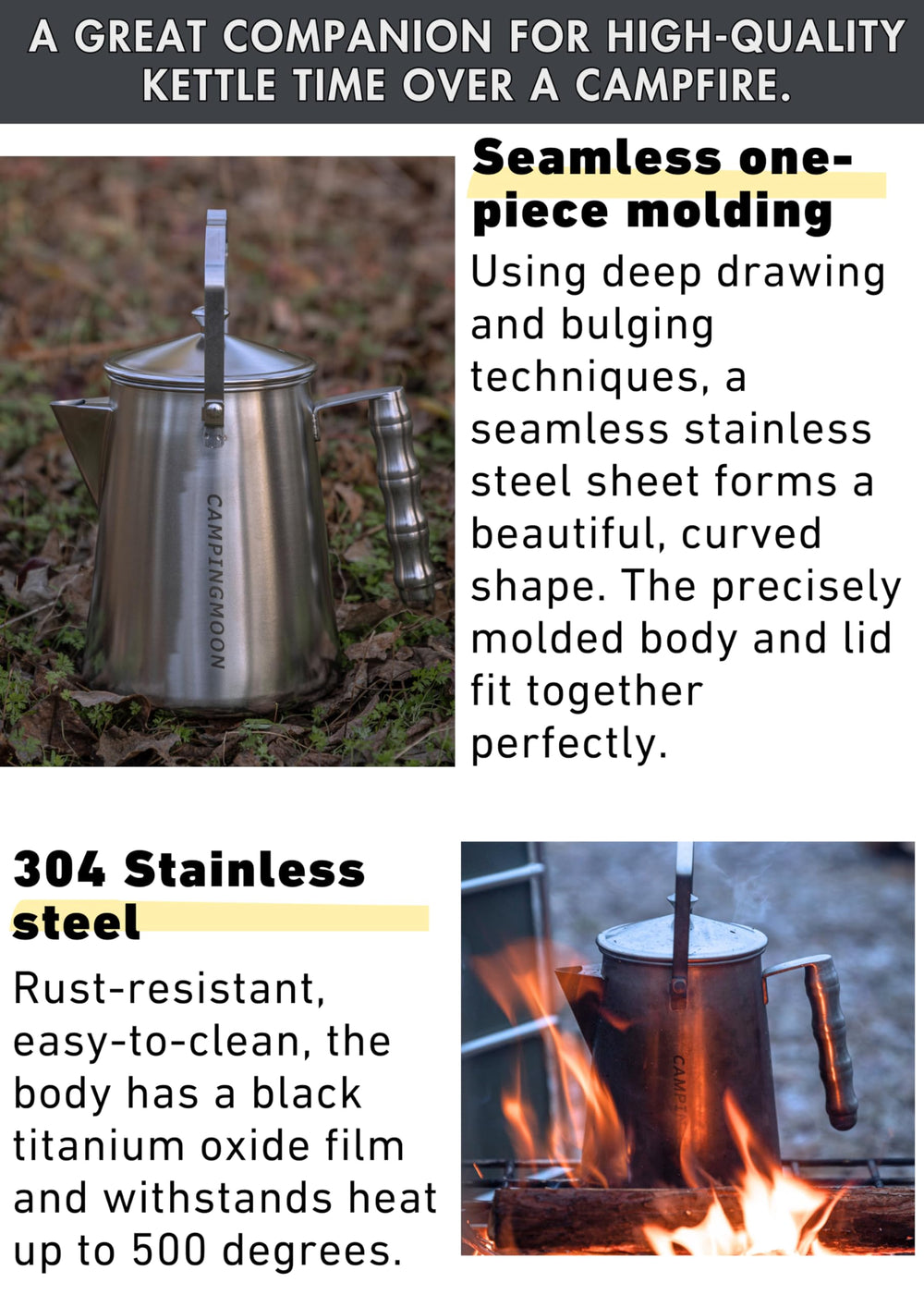 Camping Moon campfire kettle pouring spout enables controlled hot beverage pours