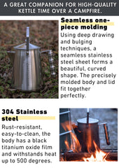 Camping Moon campfire kettle pouring spout enables controlled hot beverage pours