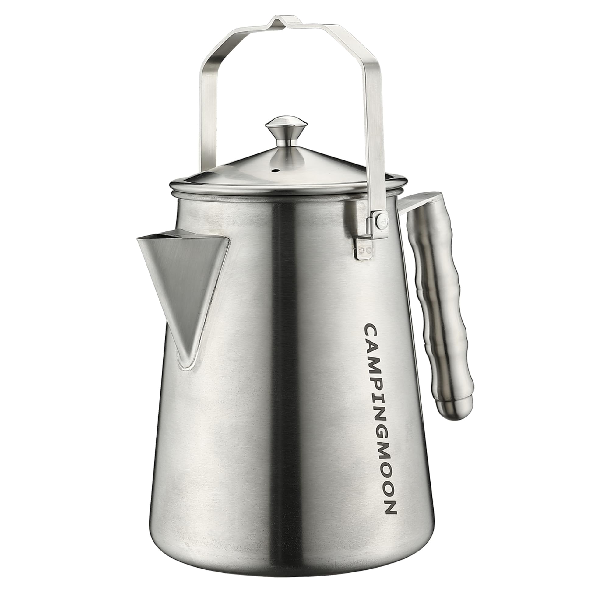 Camping Moon campfire kettle seamless body shows a sturdy, leak resistant design for camp coffee