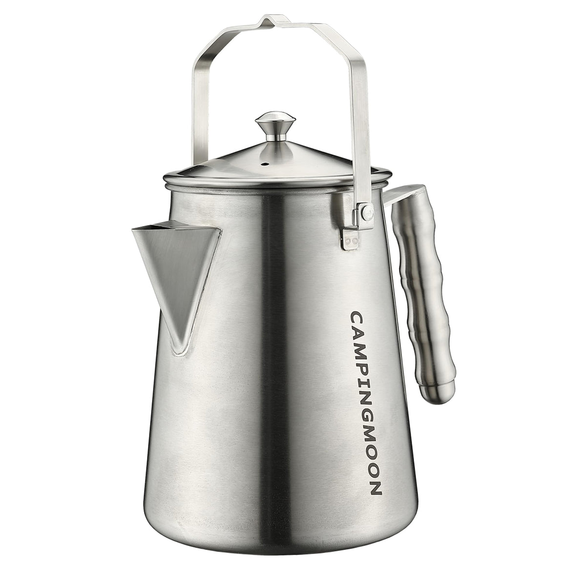 Camping Moon campfire kettle seamless body shows a sturdy, leak resistant design for camp coffee