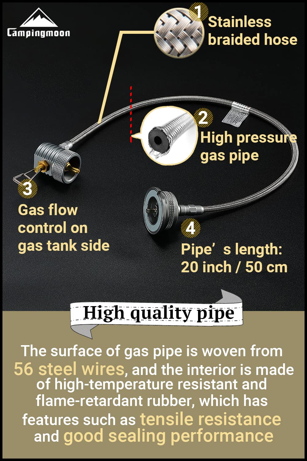 Camping Moon 50 cm stainless braided hose offers durability and flexibility.