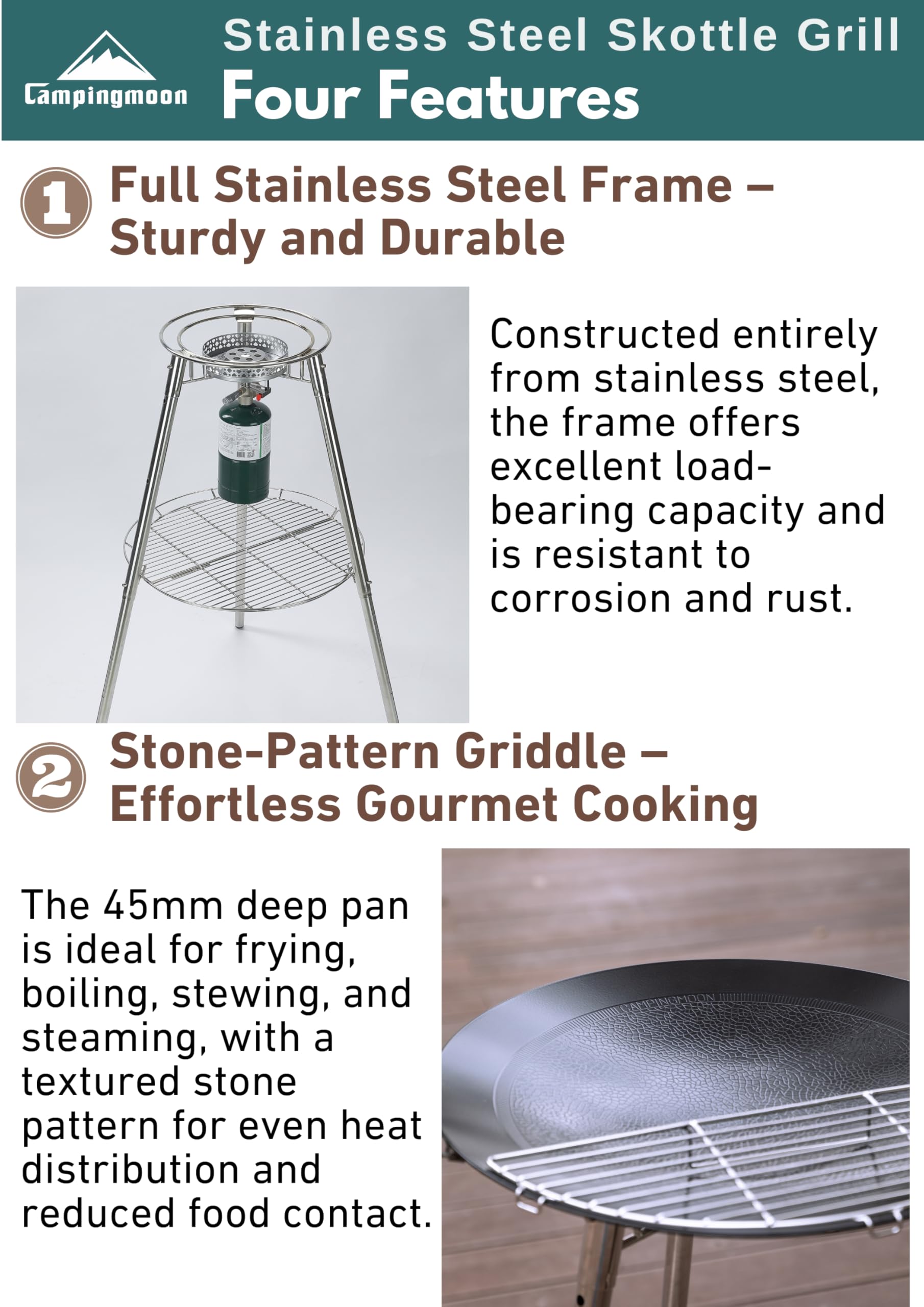 Camping Moon triple-layer griddle with 600°C coating enables durable cooking