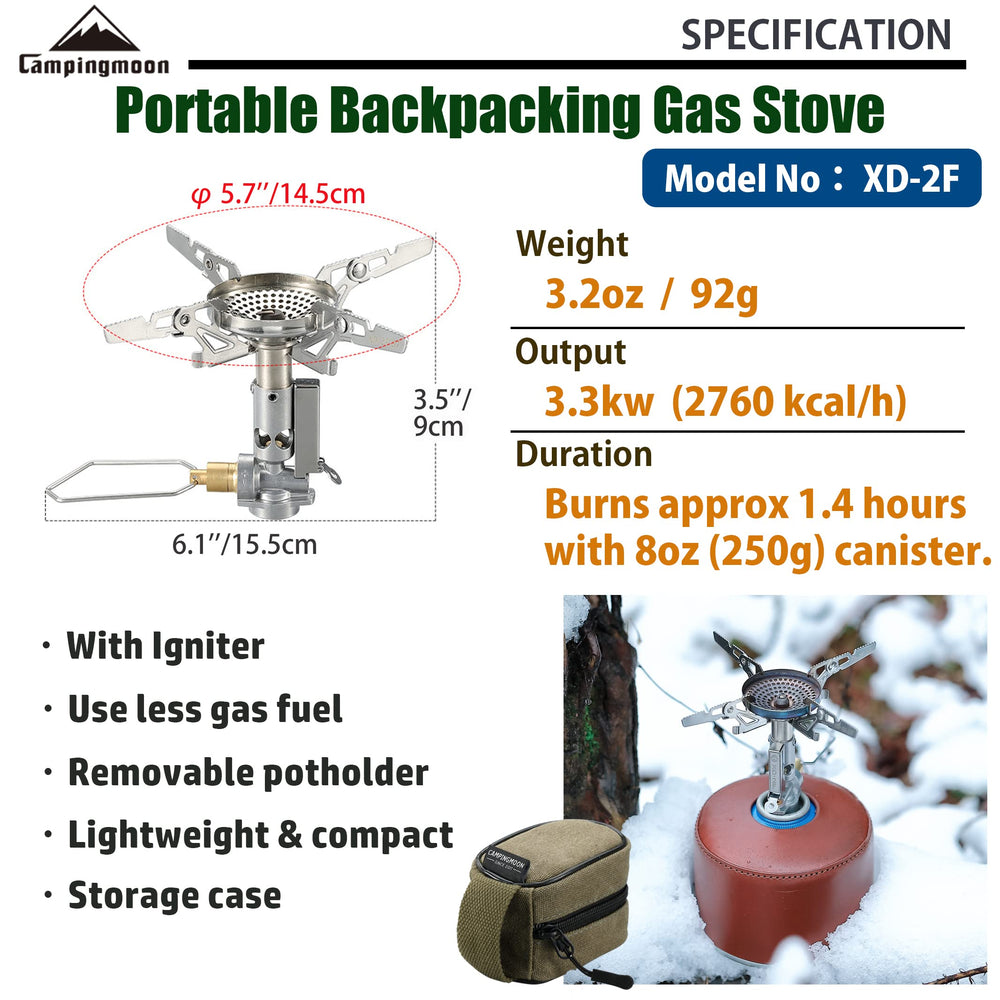 CampingMoon XD-2F built-in igniter for quick starts.