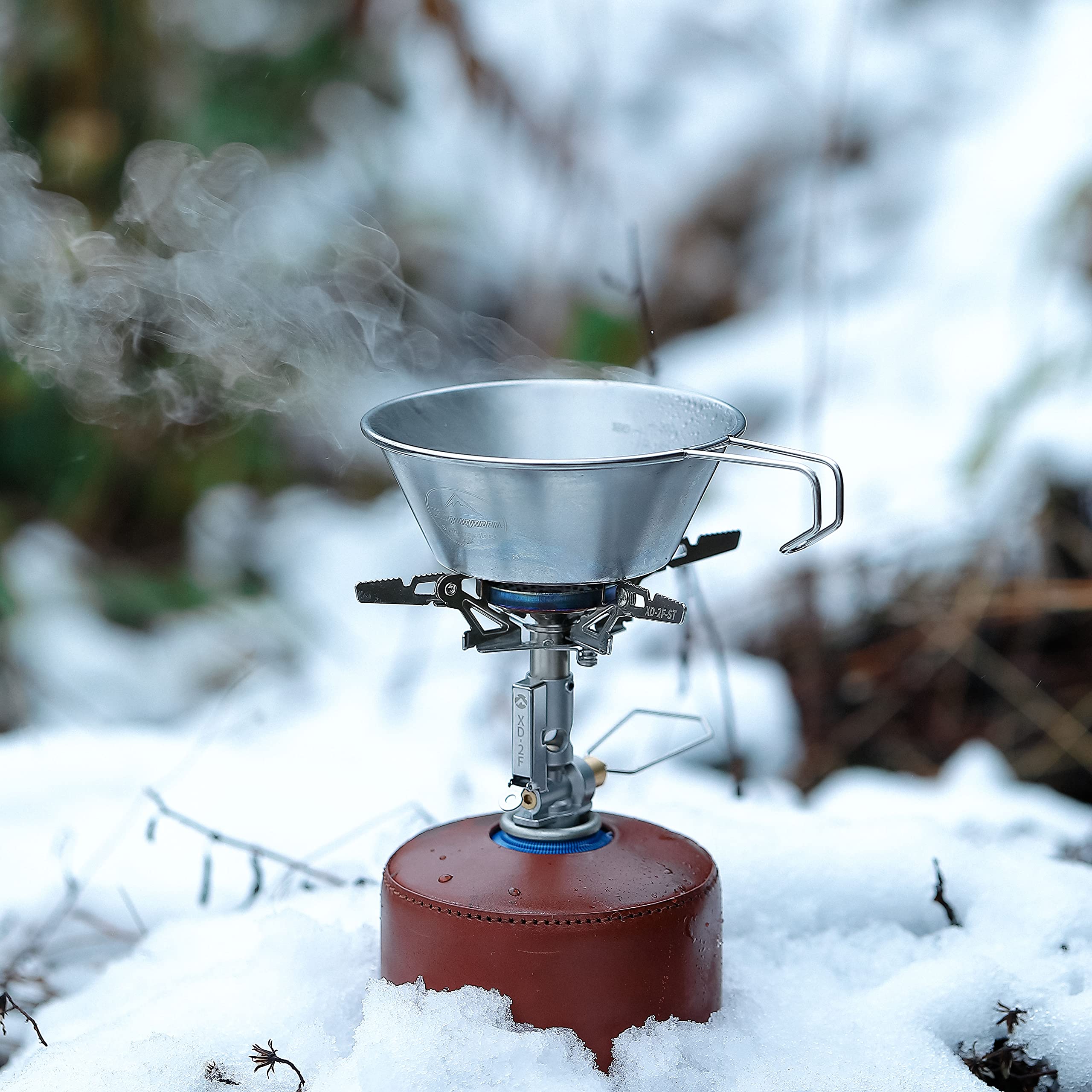 CampingMoon XD-2F stove with detachable frame for compact transport.