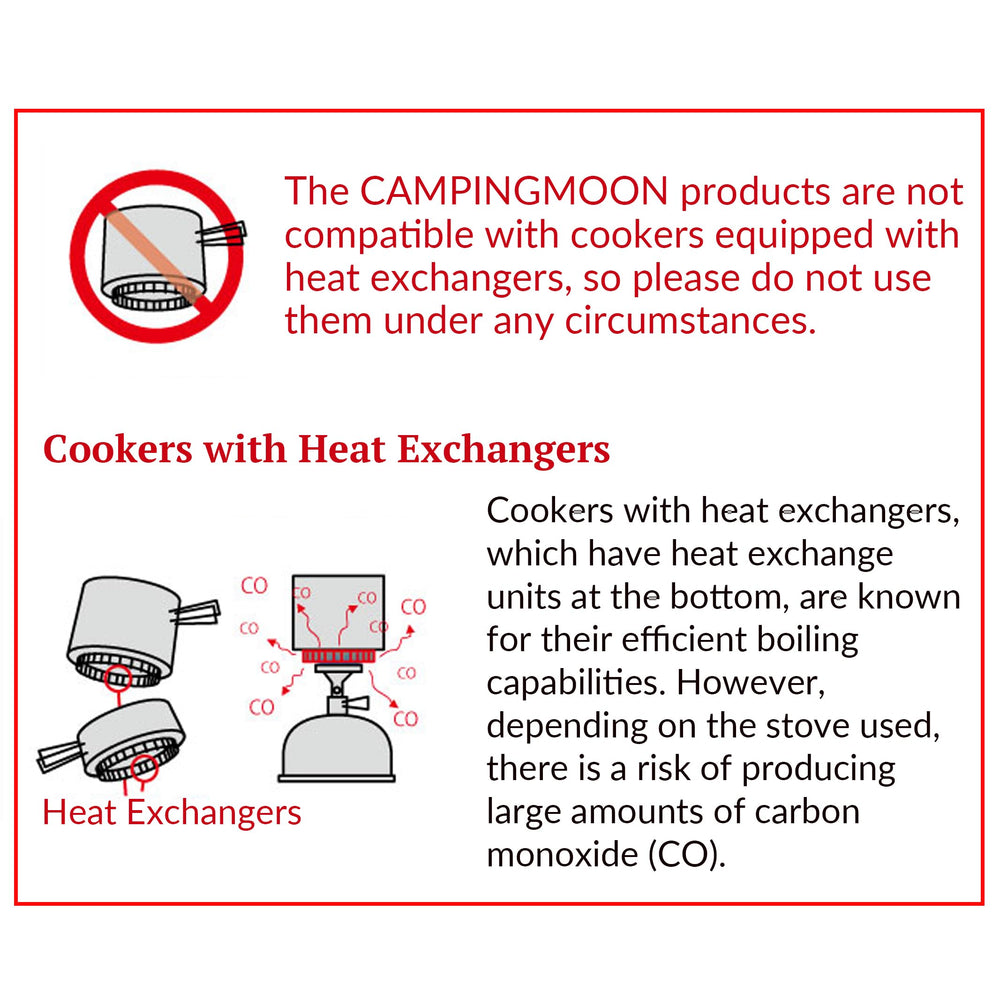 CampingMoon XD-2F heat-exchanger-warning note for compatibility.