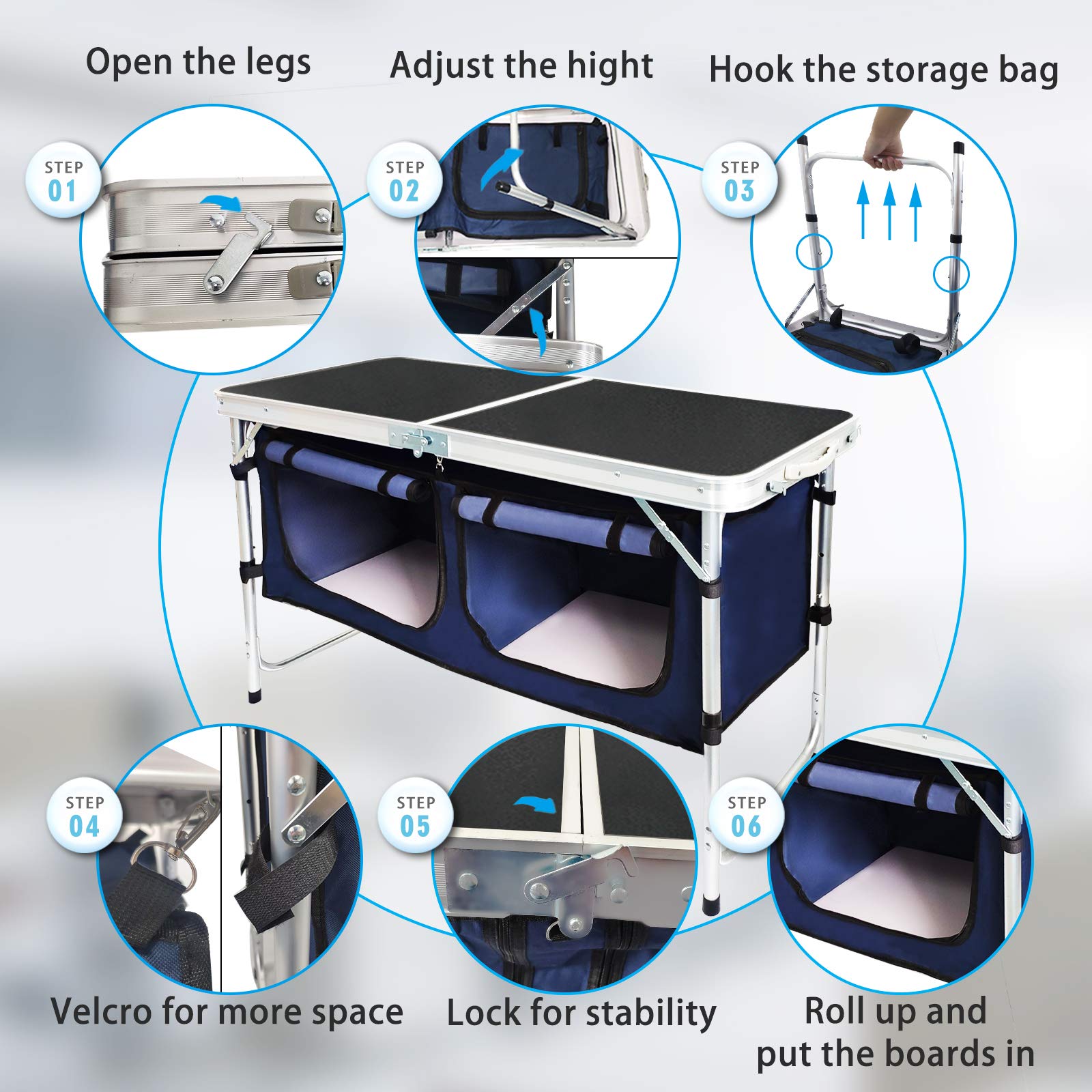 CampLand aluminum frame and MDF top provide a sturdy surface for meals