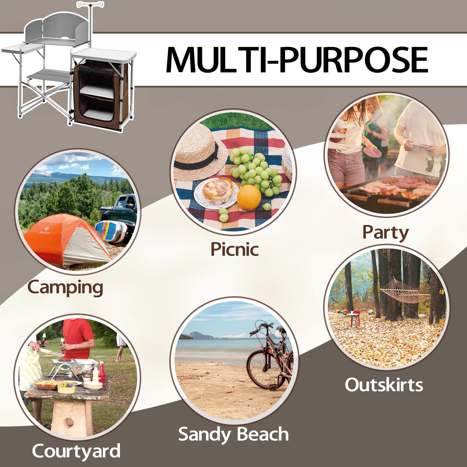 CampLand folding cooking table dimensions shown for compact transport and versatile use.