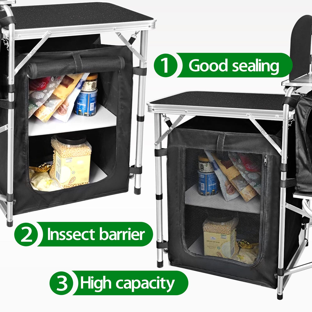 CampLand folding cooking table hooks show hanging space for tools and towels