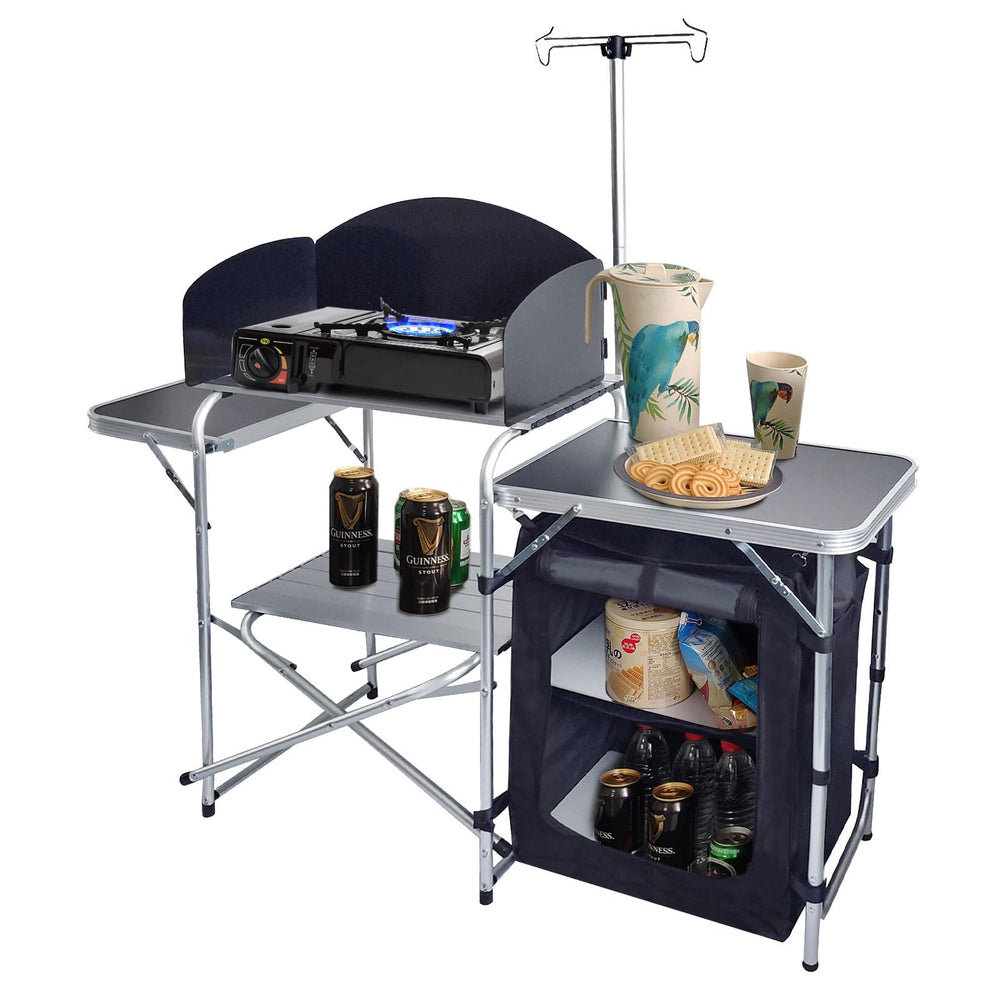 CampLand folding cooking table setup shows sturdy frame for outdoor meal prep and quick use