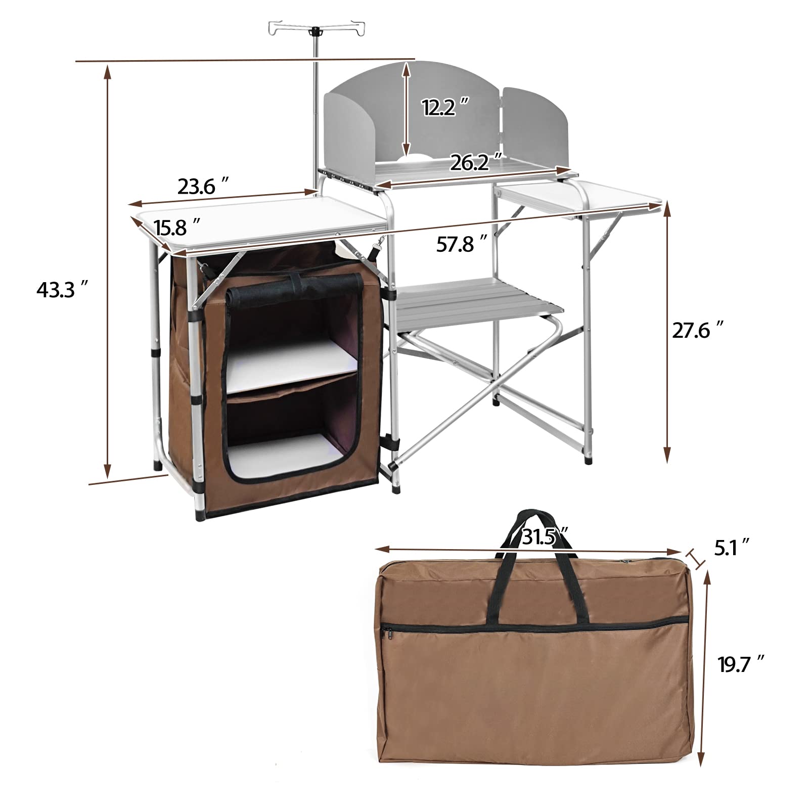 CampLand folding cooking table storage area under the work surface keeps cookware organized.