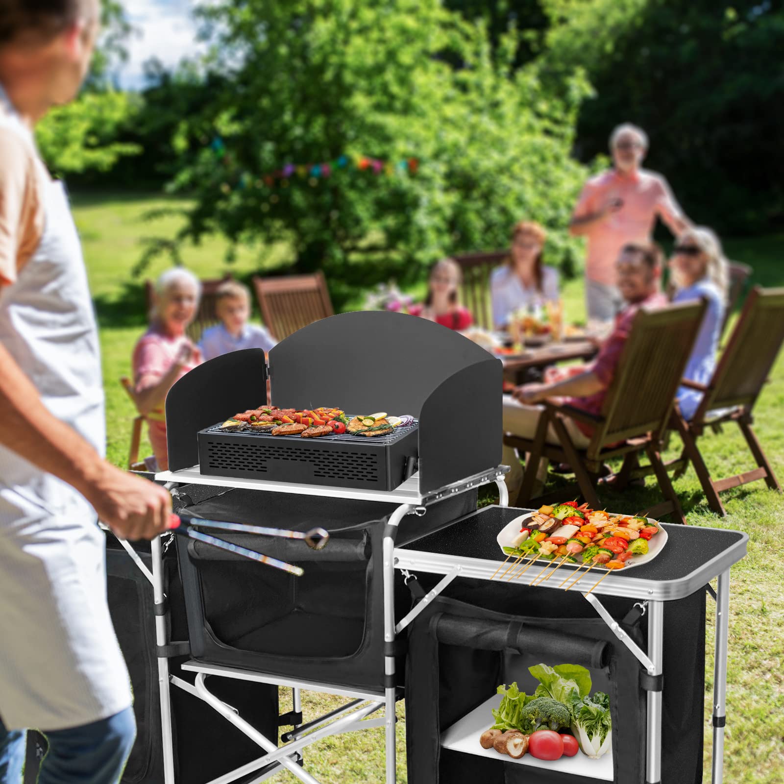 CampLand folding cooking table with windscreen demonstrates weather protection for meals