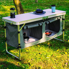 CampLand compact folded table demonstrates easy transport and storage for trips.