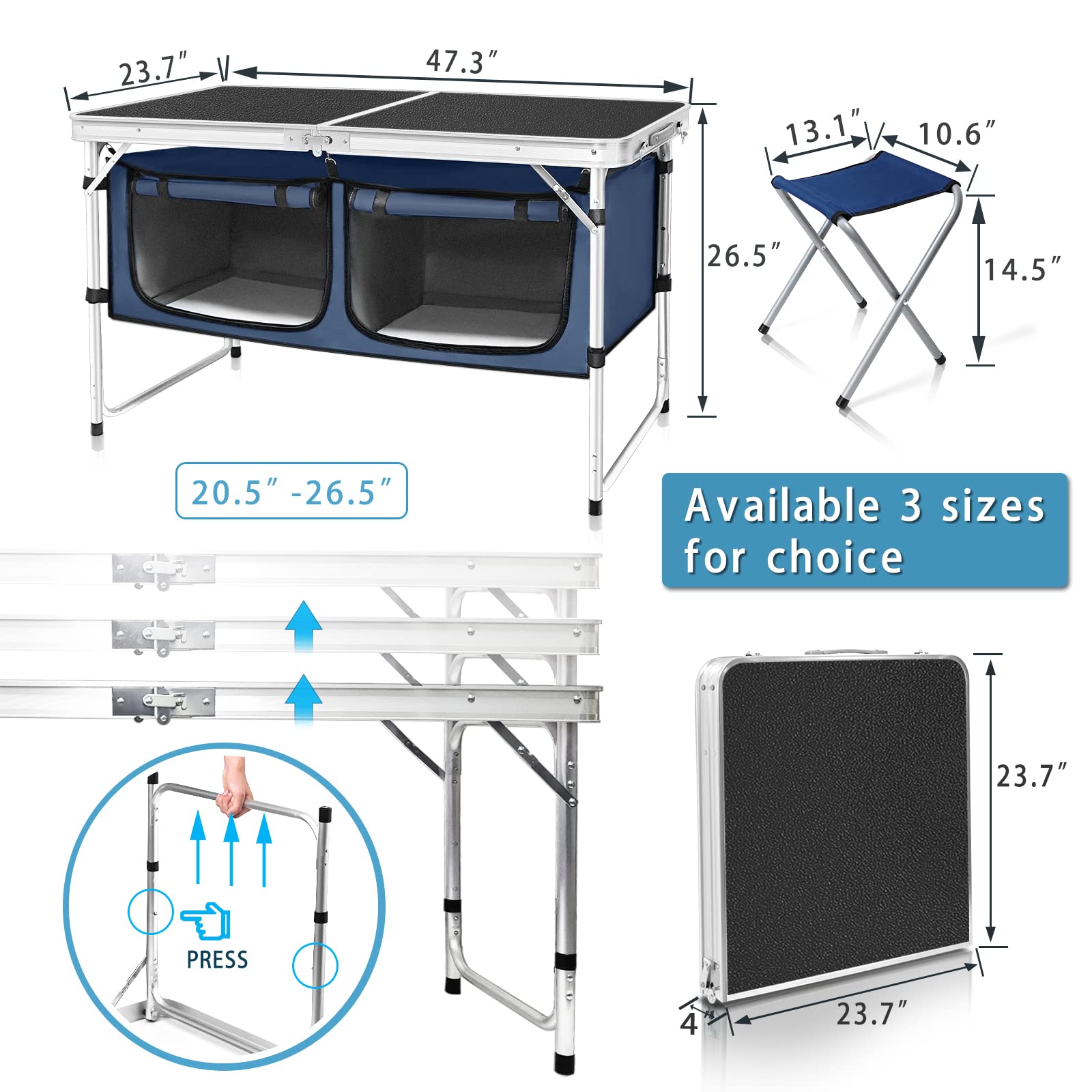 CampLand folding table legs extended demonstrate height-adjustable design for comfortable seating