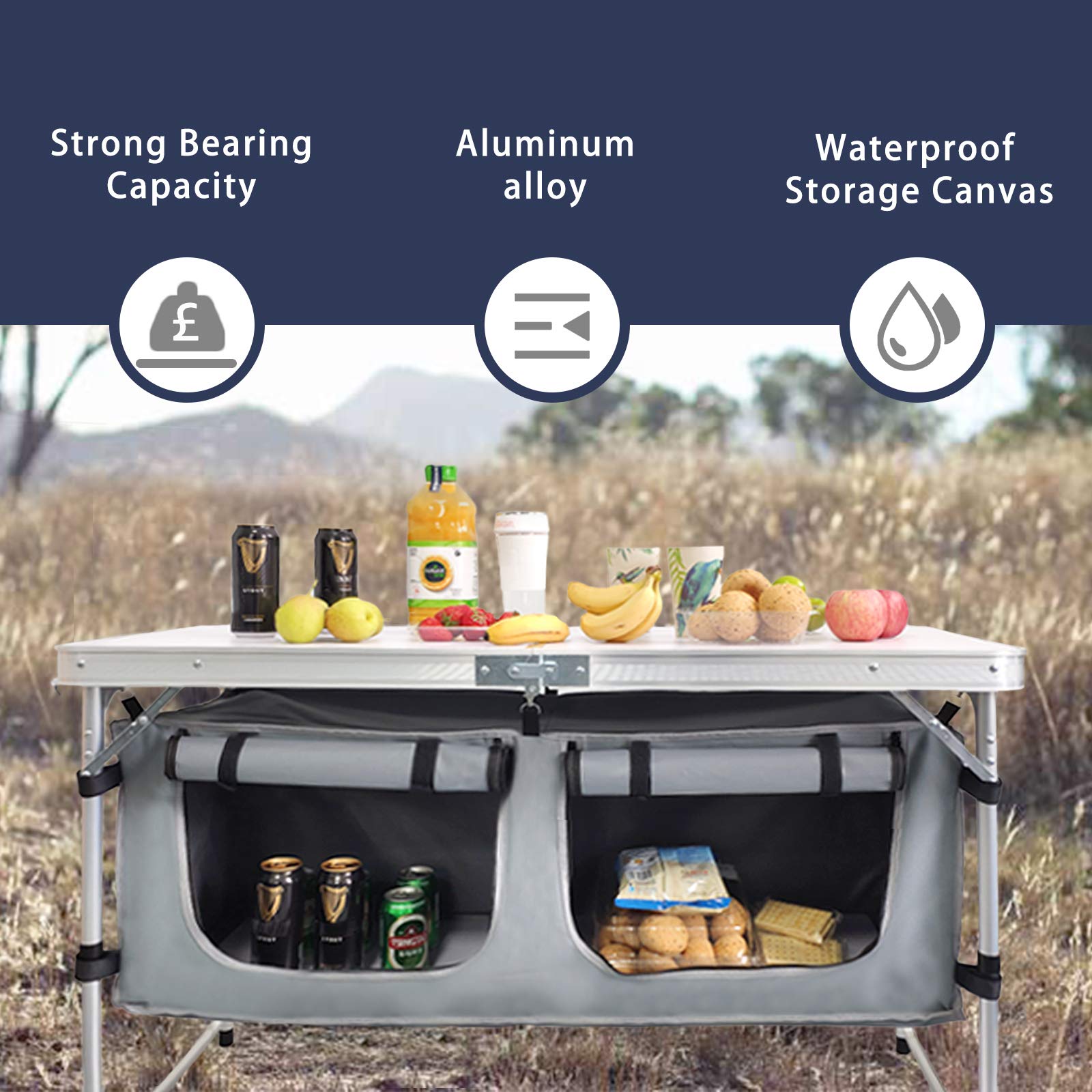 CampLand table's zippered storage pocket keeps snacks and gear organized.
