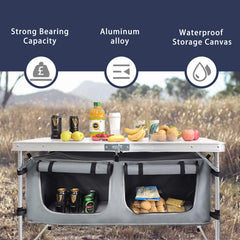 CampLand table's zippered storage pocket keeps snacks and gear organized.