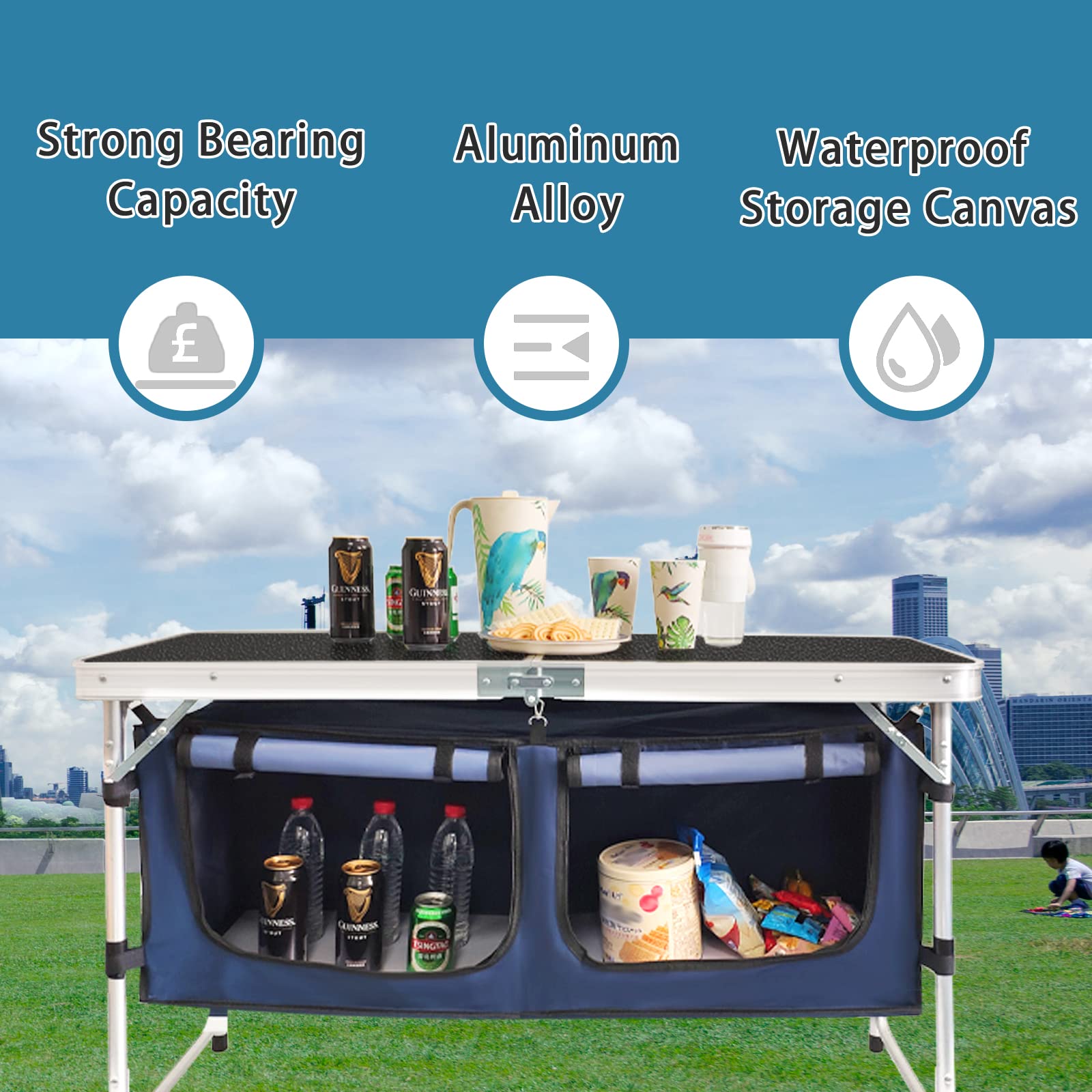 CampLand table storage organizer open reveals spacious compartments to keep snacks and gear organized
