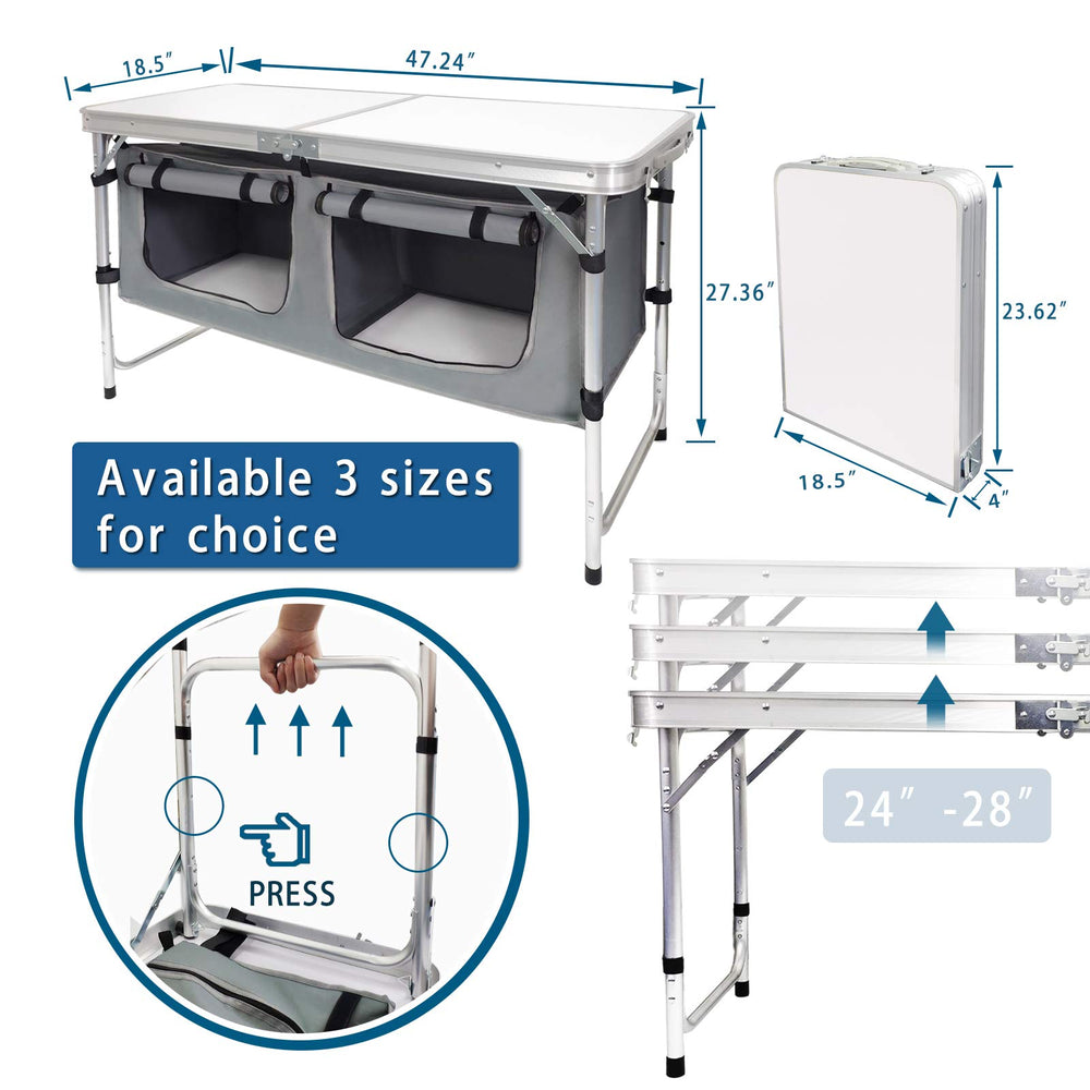 CampLand MDF tabletop with aluminum frame offers durable, stable cooking and dining.