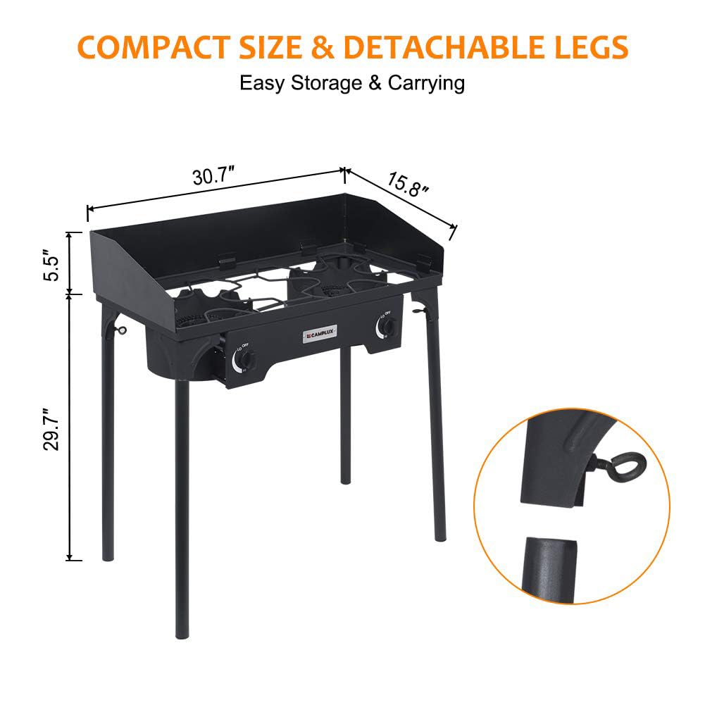 CAMPLUX double burner stove fully setup for quick backyard or campground meals.
