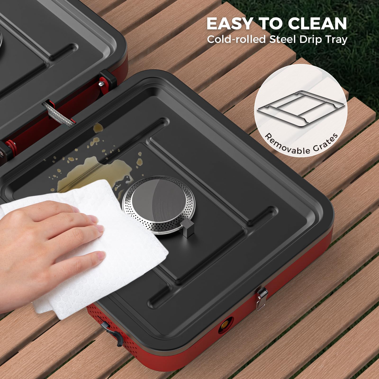 Camplux FoldGo dual burners allow independent heat control and multitasking.