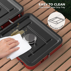 Camplux FoldGo dual burners allow independent heat control and multitasking.