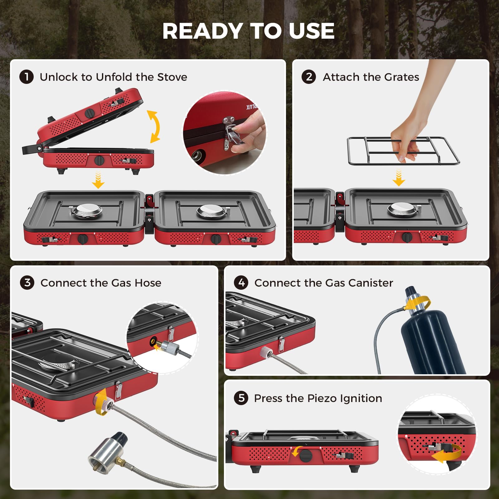 Camplux FoldGo setup beside a camp table with griddles and pots.