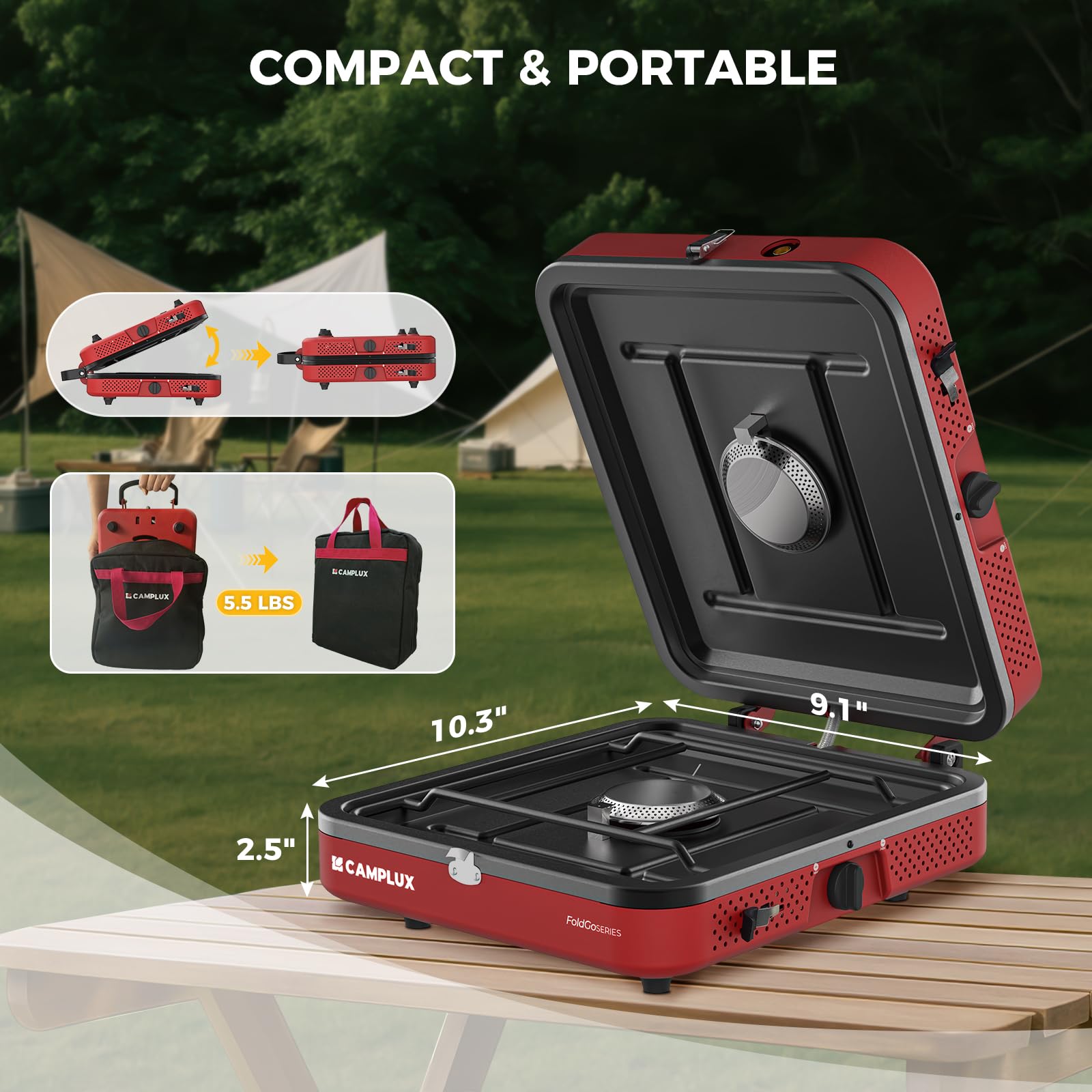 Camplux FoldGo features built-in piezo ignitions for quick starts.