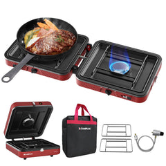 Camplux FoldGo stove folded for compact, portable camping storage.