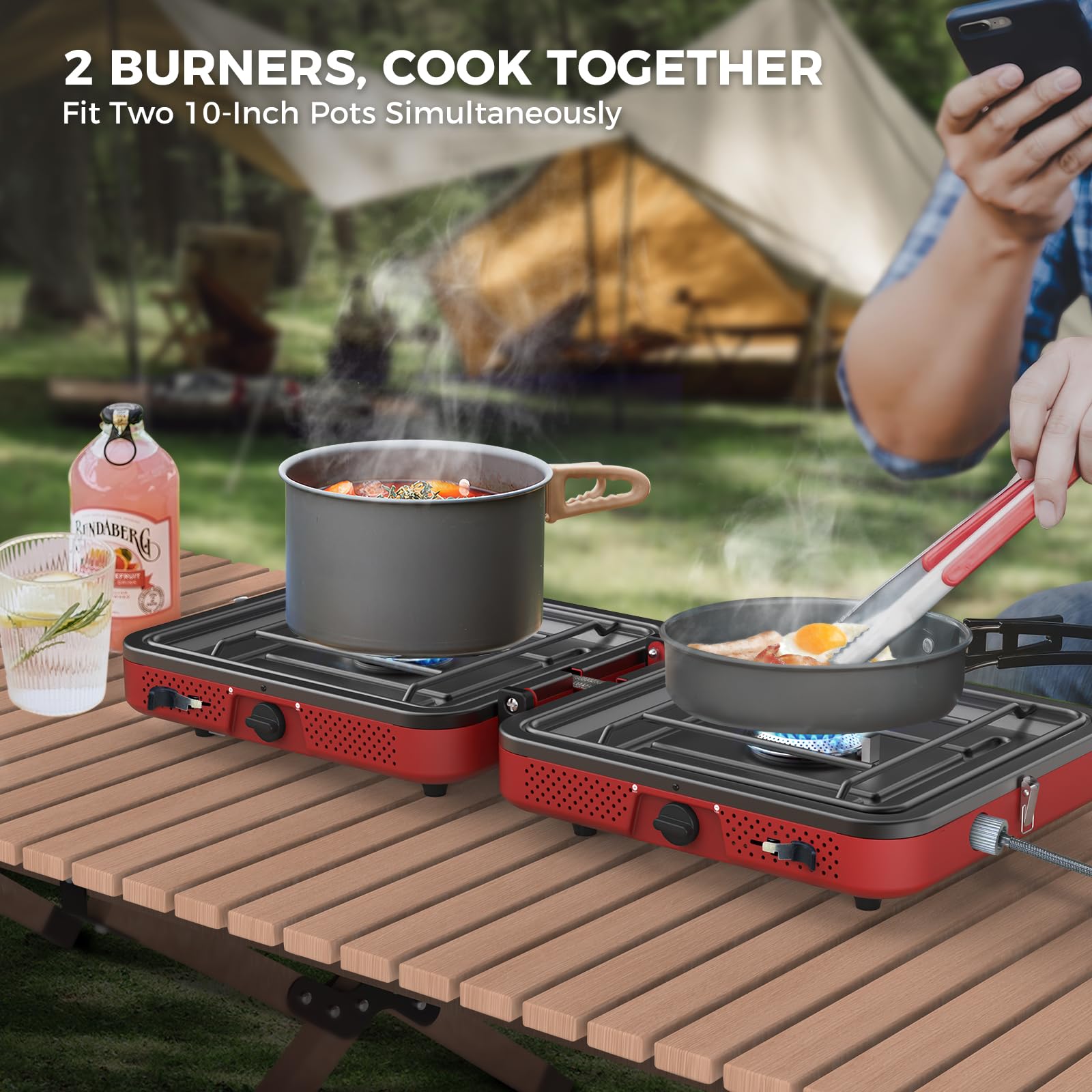 Camplux FoldGo stove with opened dual burners ready for cooking.