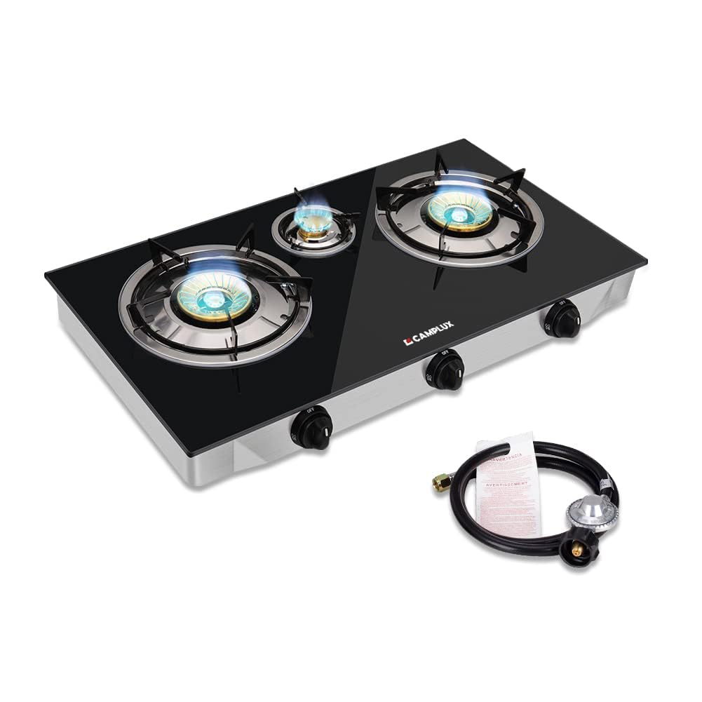 Camplux propane stove front view shows 21,600 BTU power for outdoor cooking