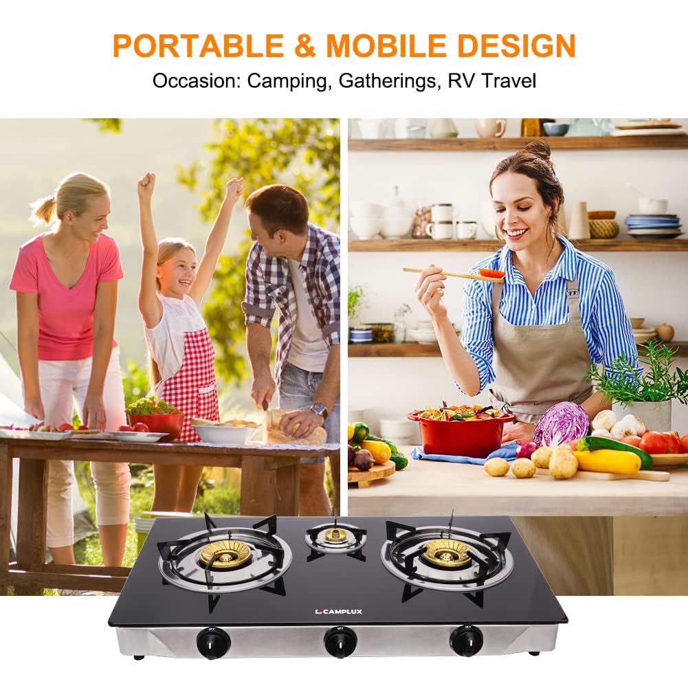Camplux stove tempered-glass top resists heat for easy cleanup