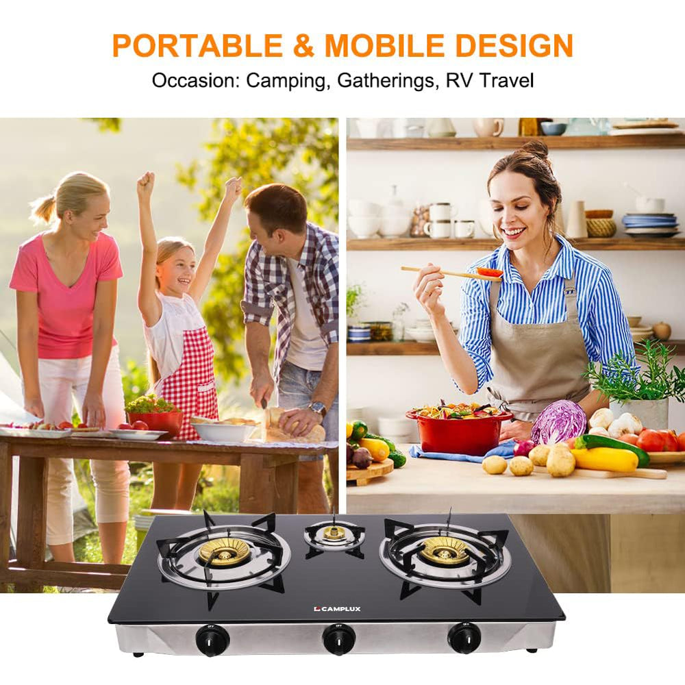 Camplux stove tempered-glass top resists heat for easy cleanup